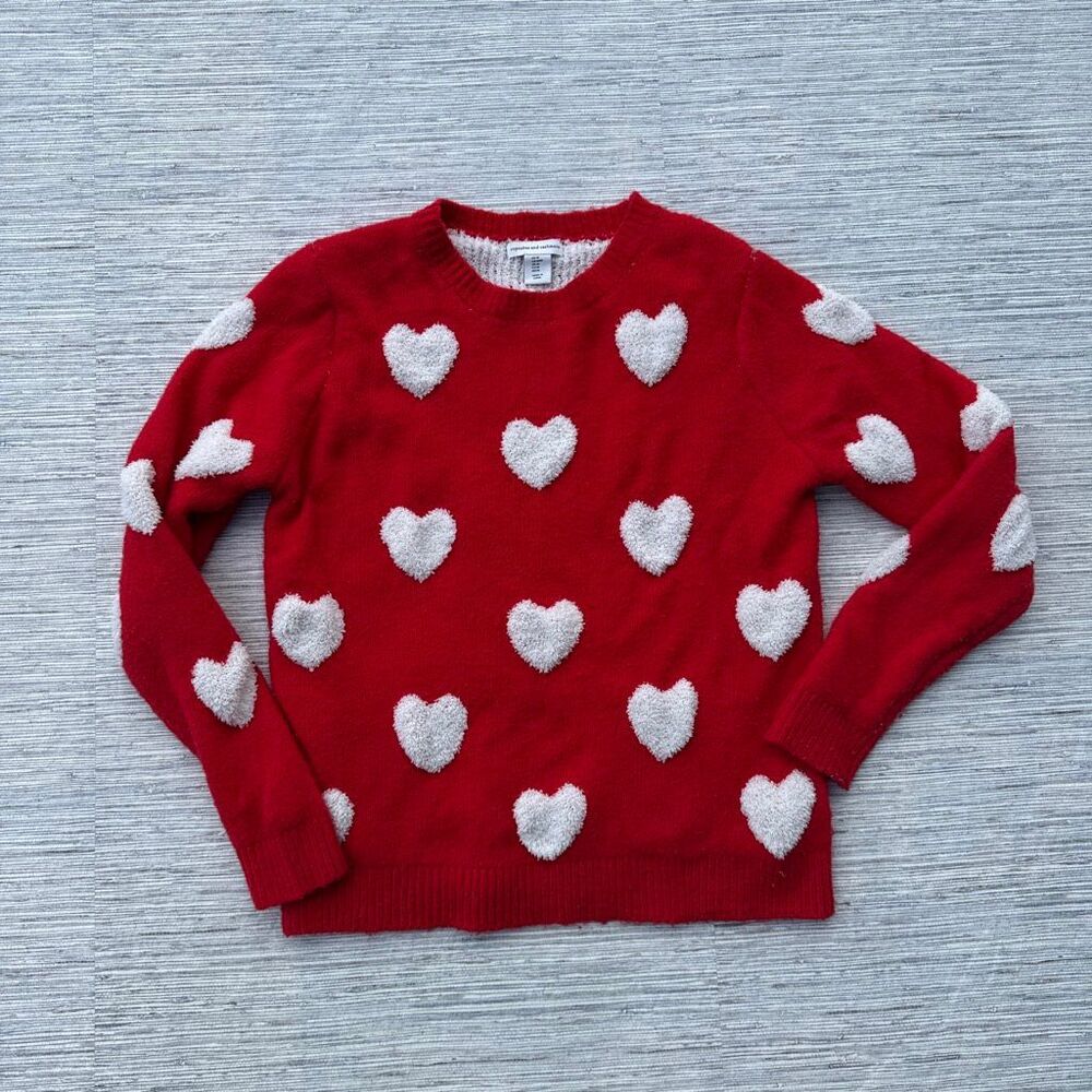 Cupcakes & Cashmere Red Sherpa Heart Crewneck Knit Sweater Size Medium